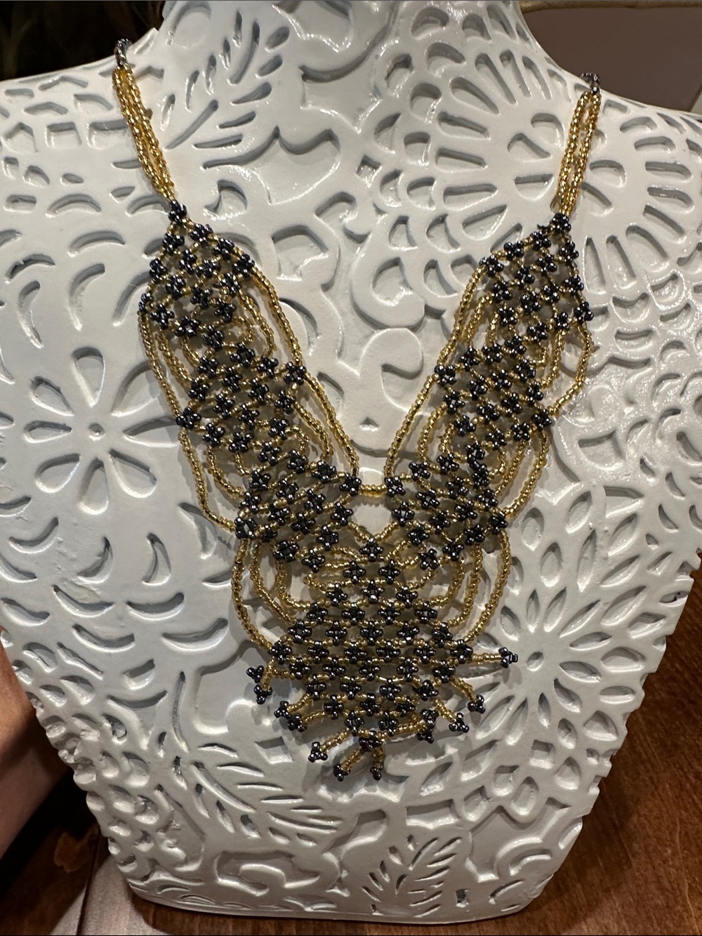 Handmade Antique Gold & Black Seed Bead Statement Necklace - Picture 5 of 7